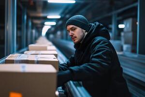 Workers manage packages on automated sorting equipment in a distribution center photo
