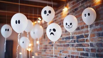 White balloons drawn with ghostly faces are suspended from the ceiling in a festive setting photo