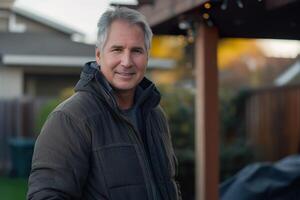 baby boomer man stands casually in suburbs in jacket, fall season. photo