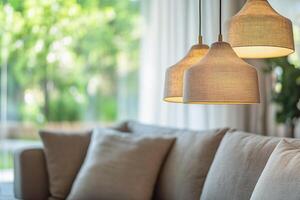 A cozy sofa is illuminated by distinctive light fixtures, enhancing the bright atmosphere photo
