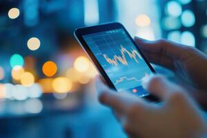 Hands using a smartphone to monitor stock market performance in a modern urban setting photo