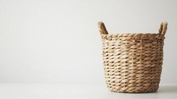 A neatly crafted woven basket placed on a minimalistic surface, ideal for styling photo