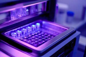Close up of PCR machine controls and an open compartment with DNA samples in lab. photo