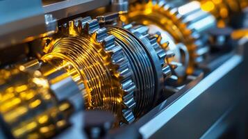 Close up view of interlocking gears in motion revealing intricate mechanical detail. photo
