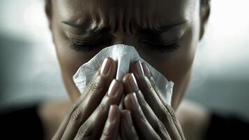 Multiracial woman sneezes into tissue while experiencing allergy symptoms in a close up setting photo