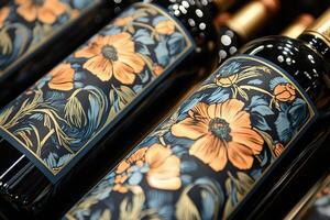 Detailed views of beautifully designed wine labels highlight artistic branding elements photo