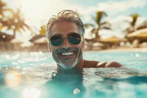 Smiling middle aged man in sunglasses enjoying a tropical resort pool on a sunny day. photo