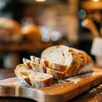 Sliced fresh artisan bread on wooden board in rustic kitchen setting with blurred background. photo