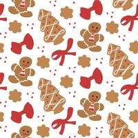 Christmas seamless pattern with hand drawn gingerbread cookies. Different kind of holiday cookies with red bows on white background. Holiday flat design for Christmas wrapping paper vector