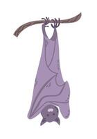 Simple illustration of bat hanging upside down from branch, with a minimalist style and soft purple tones. Hand drawn flat artwork isolated on white background vector