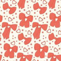 Seamless pattern of red bows with hearts and stars on light background, creating a cute and playful design suitable for festive or girly themes. St Valentines day illustration vector