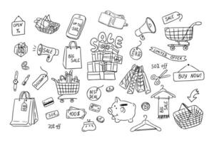 Big outline doodle set with hand drawn elements for Big Sale. Trolley, cart,, money, coins wallet, cosmetics, paper pack and related elements isolated on white background for coloring pages vector