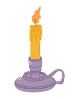 Illustration of hand drawn lit candle in vintage style candle holder with melted wax and simple flame vector