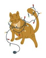Funny hand drawn cat with Christmas garland with colorful bulbs. Childish holiday illustration isolated on white background. Flat design for Christmas decoration and stickers vector