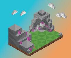 Geometric polygonal platform with a cave and gems. Triangle pattern design. vector