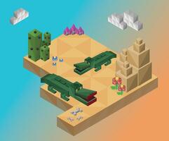 Geometric polygonal platform with a crocodile and cactus. Triangle pattern design. vector