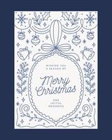 Christmas Greeting Card in Elegant Blue Line Art with Festive Ornaments, Ribbon, and Joyful Memories Message vector