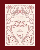 Christmas Greeting Card in Elegant Red Line Art with Festive Ribbons, Reindeer, and Joyful Memories Message vector