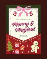 Festive Christmas Card Poster with Merry and Magical Message, Holiday Icons, and Decorative Border vector