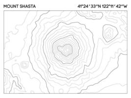Detailed contour map of Mount Shasta with elevation lines and precise coordinates for geographical study. Topographic map . vector