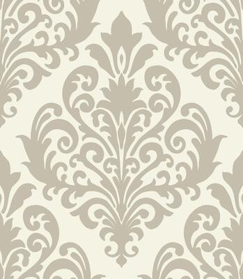 Beige damask floral pattern on a light cream background with symmetrical ornamental design. Damask seamless pattern.
