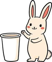 Adorable Cartoon Rabbit Standing by a Tall Cup with a Happy Expression vector