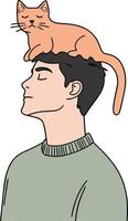 Young Man with Cat on Head in Cozy Sweater - Funny and Whimsical Illustration vector
