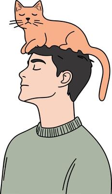 Young Man with Cat on Head in Cozy Sweater - Funny and Whimsical Illustration