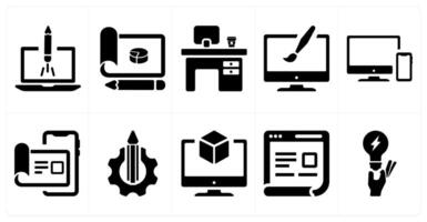 A set of 10 design and creativity icons as website launch, design, office desc, custom design vector