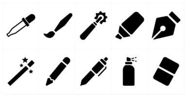 A set of 10 editing tools icons as color picker, paint brush, add new vector
