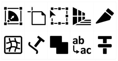 A set of 10 editing tools icons as symmetrical scale, text area, transform vector