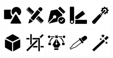 A set of 10 editing tools icons as shapes, pen, color swatches vector
