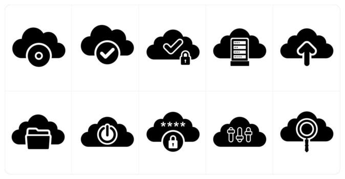 un conjunto de 10 grande datos íconos como nube desct, nube verificación, nube seguridad vector