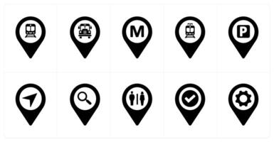 A set of 10 Location Pointer icons as train, bus station, metro station vector