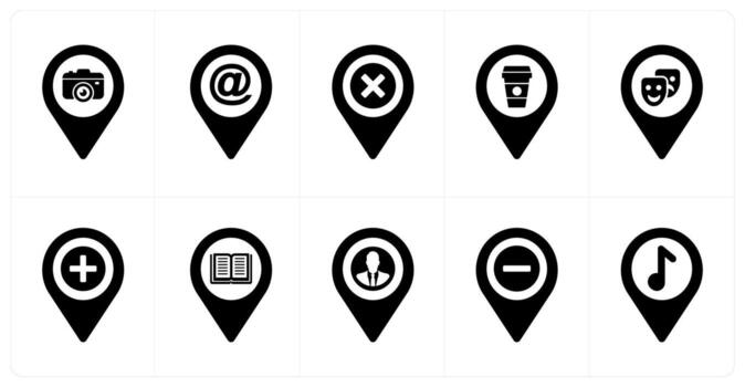A set of 10 Location Pointer icons as camera, email, delete vector