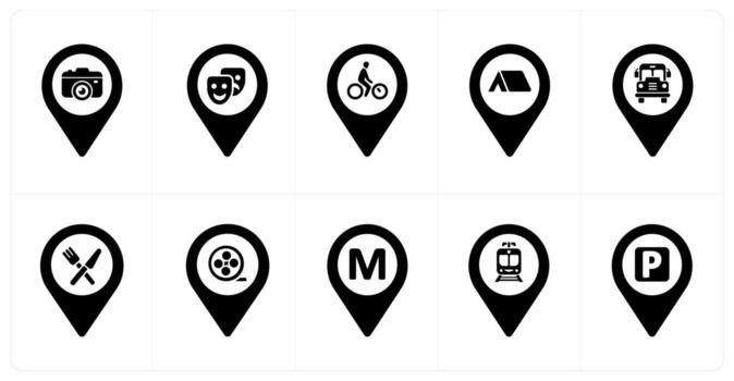 A set of 10 Location Pointer icons as camera, comedy, cycling vector