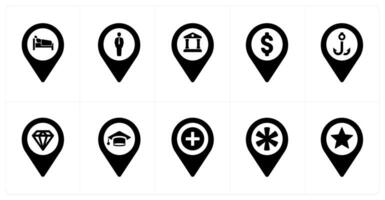 A set of 10 Location Pointer icons as rest house, human, bank vector