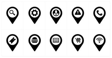 A set of 10 Location Pointer icons as search, options, profile vector