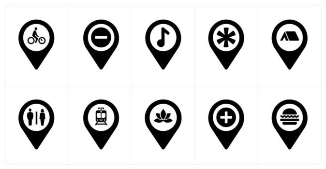A set of 10 Location Pointer icons as cycling, trash, audio vector