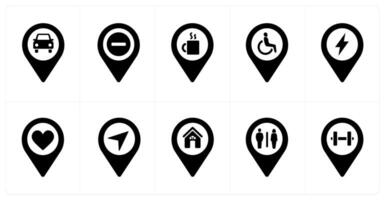 A set of 10 Location Pointer icons as car parking, trash, beverage vector