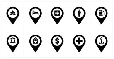 A set of 10 Location Pointer icons as fitness, rest house, hospital vector
