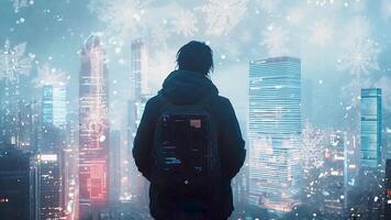 A man in a sweater stands in a snowy cityscape, gazing at a futuristic metropolis, with snowflakes falling over the futuristic architecture and city skyline during a cold winter day. video