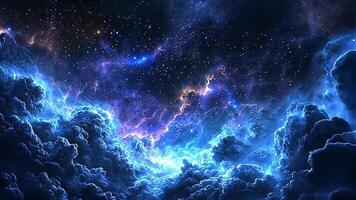 Stunning deep space view featuring illuminated clouds and shimmering stars, showcasing the beauty of the universe in ethereal blues and greens. video