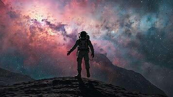 Silhouetted astronaut standing on alien terrain against a vibrant nebula, capturing the awe and mystery of space exploration in a surreal cosmic landscape video