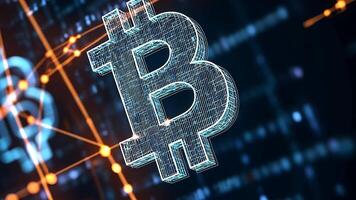 Wireframe bitcoin symbol within a digital network, illustrating blockchain technology and the futuristic landscape of cryptocurrency and virtual finance video