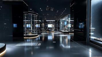 High-tech digital showroom with advanced technology and simple design for a contemporary, modern and luxurious retail space with digital displays video