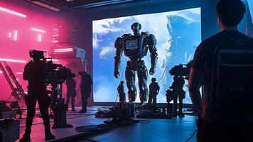 Behind the Scenes of a Futuristic Film Set Featuring a Humanoid Robot and High-Tech Production Crew, Blending Science Fiction with Advanced Filmmaking Technology and Digital Effects video