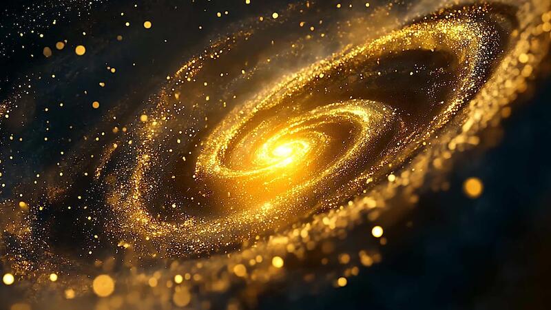 Radiant golden spiral galaxy with sparkling cosmic particles, illustrating  the beauty of the universe and the mysterious wonders of deep space.