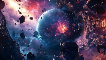 Dramatic interstellar scene of a planet exploding with asteroids floating nearby, symbolizing apocalyptic destruction and the mysterious power of the cosmos. video