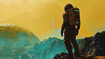 Silhouetted astronaut gazing at alien terrain under bright yellow sky, depicting futuristic space exploration and the mystery of distant worlds in sci-fi inspired scenery video